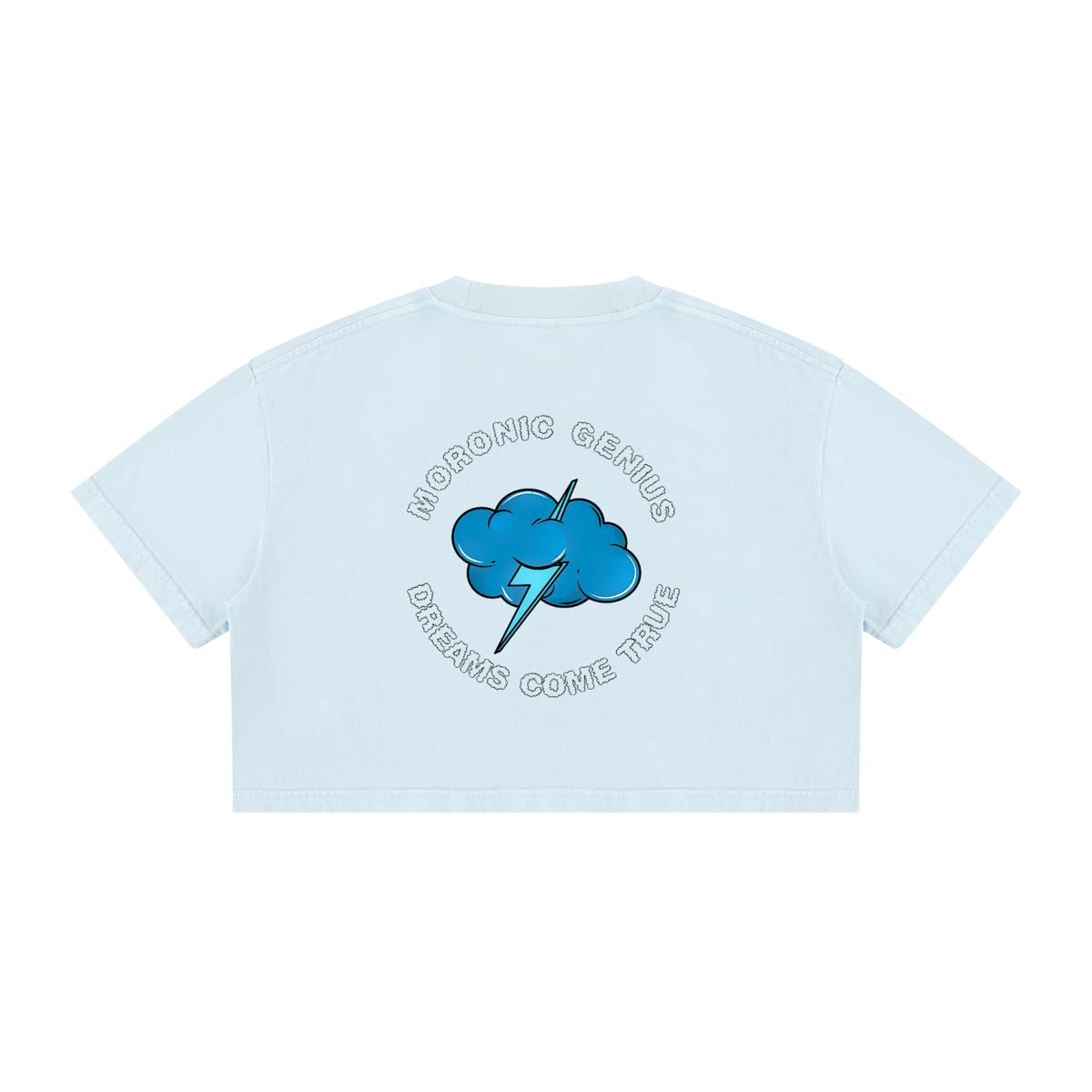Women's Visionary cropped tee in light blue, Moronic Genius back badge