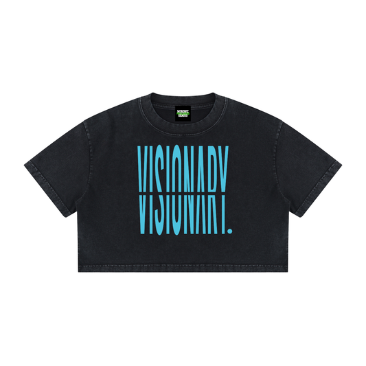 Women's Visionary cropped tee in mineral wash black, front chest print
